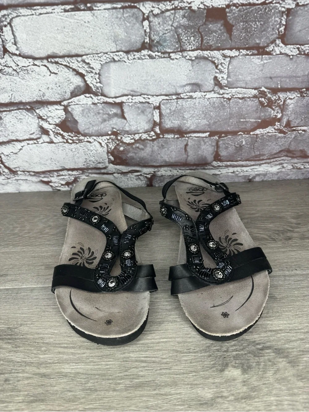 Abeo Neutral Black Leather Cheri Beaded Orthotic Comfort Buckle Sandals Women 7N